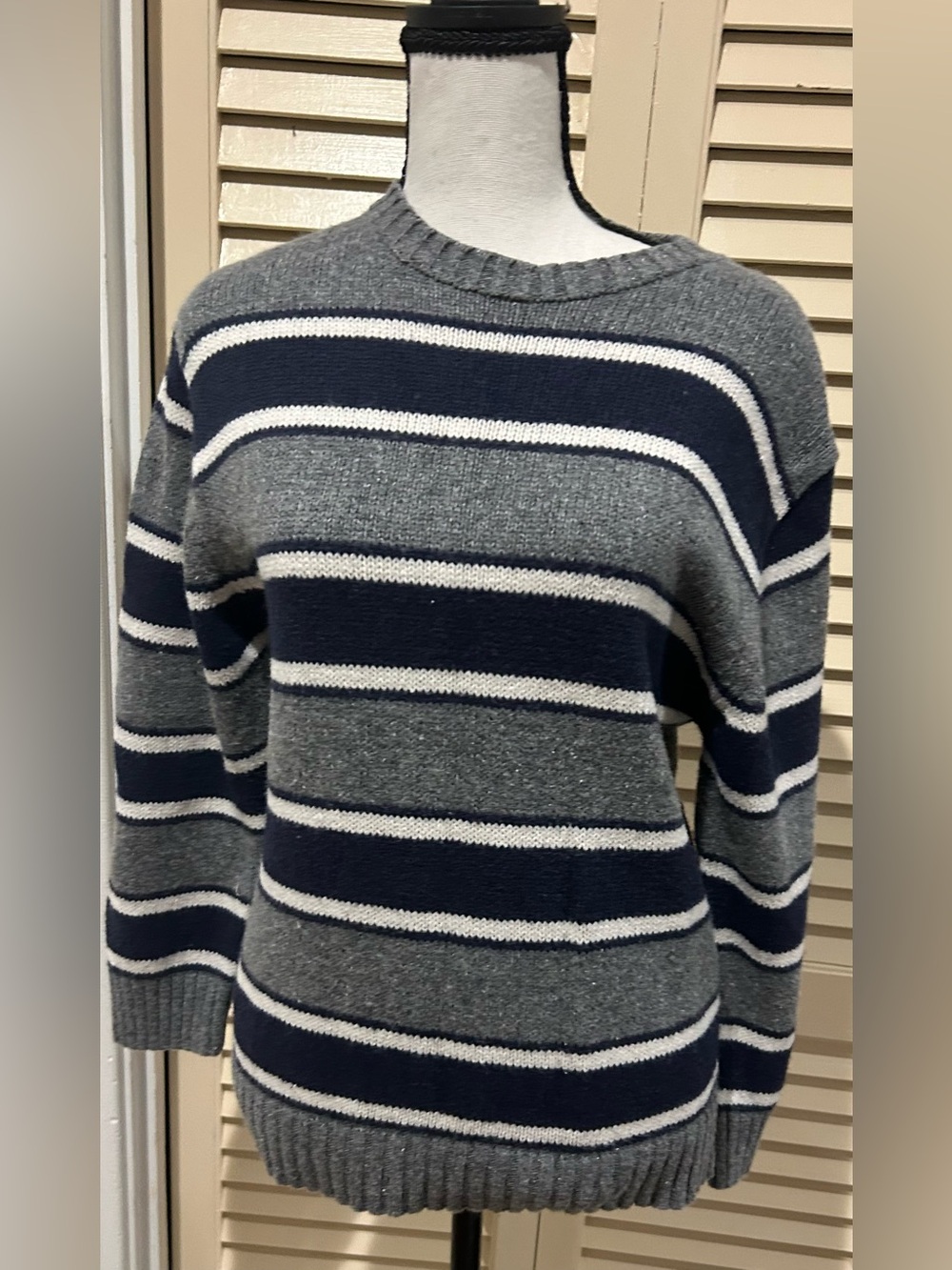 Cherokee Striped Crewneck Sweater - Gray, Navy & White